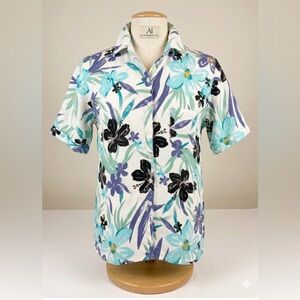 Tropical Hibiscus Linen button up Women’s 18/20 coastal vacation shirt